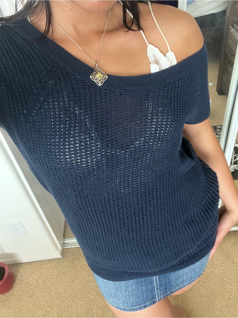 Navy Blue Crochet Slouchy Knit Sweater